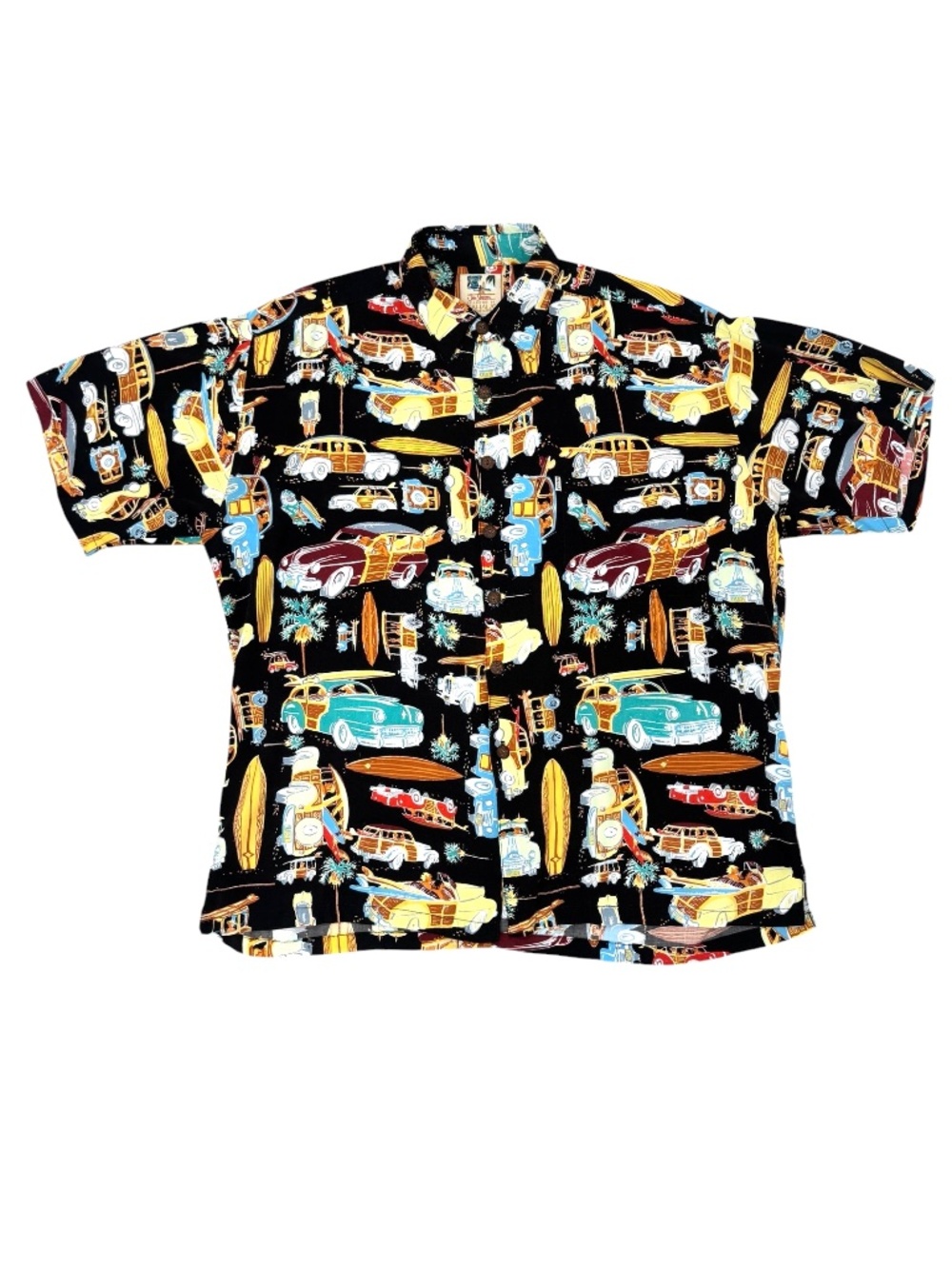 JOHN SEVERSON KAHALA BLACK HAWAIIAN CAMP SHIRT W/VINTAGE BEACH CARS & SURFBOARDS